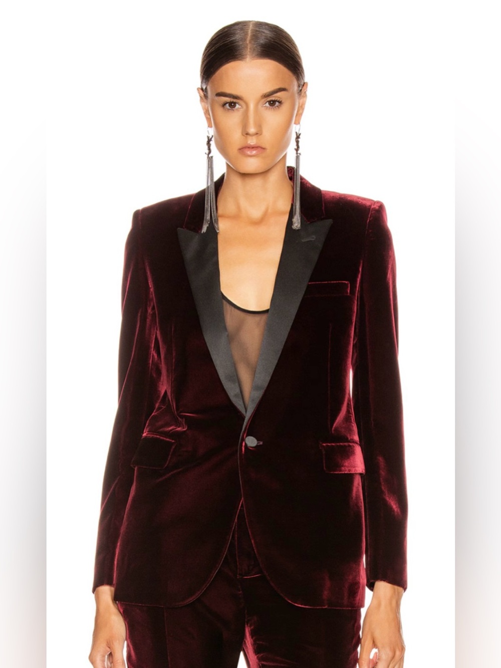 SAINT LAURENT Le Smoking Tuxedo Jacket Blazer Burgundy Velvet Black Satin Lapels